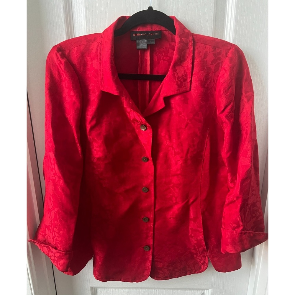 Nina Mclemore Jacket Red Silk Linen‎ Floral Brocade Size 4